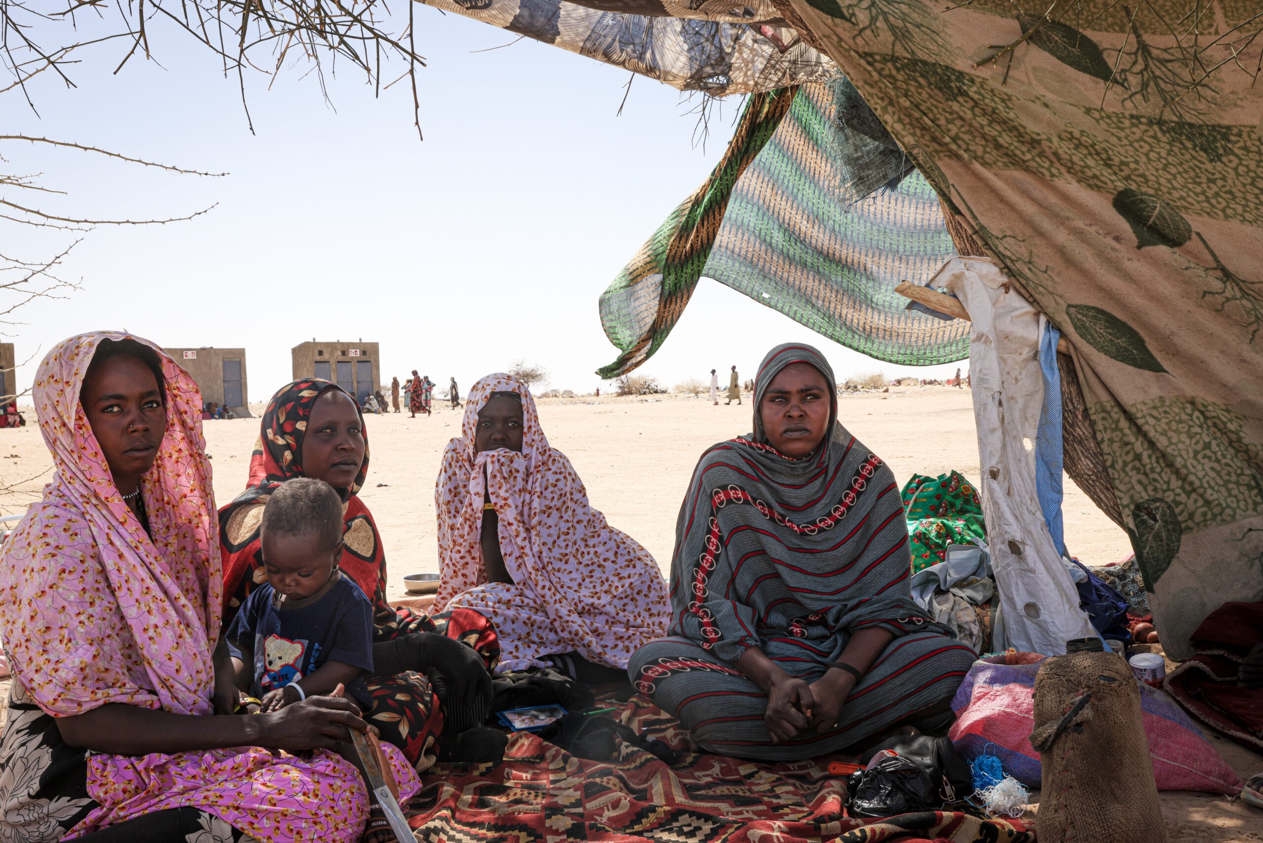 نساء نازحات يستظلن بشجرة في صحراء بدارفور 