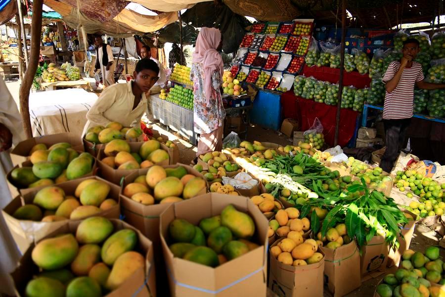 تاجر يعرض صناديق كرتونية معبأة بالمانجو، في سوق الكدرو بمدينة بحري في السودان، يوم 29 يونيو 2026. (شينخوا)